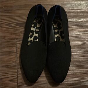 Rothy's Black Pointed Knit Flats with Leopard Insole Accent